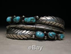 Vintage Native American Navajo Turquoise Sterling Silver Leaf Cuff Bracelet