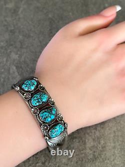 Vintage Native American Navajo Turquoise Sterling silver Blossom Bracelet Signed