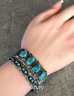 Vintage Native American Navajo Turquoise Sterling silver Blossom Bracelet Signed