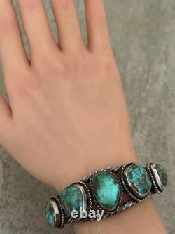 Vintage Native American Navajo Turquoise TWISTED ROPE Sterling Bracelet 6.3 in