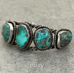 Vintage Native American Navajo Turquoise TWISTED ROPE Sterling Bracelet 6.3 in