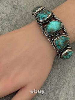 Vintage Native American Navajo Turquoise TWISTED ROPE Sterling Bracelet 6.3 in