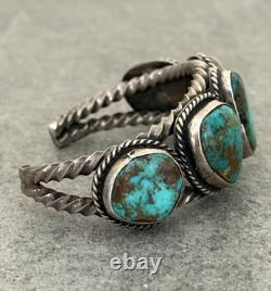 Vintage Native American Navajo Turquoise TWISTED ROPE Sterling Bracelet 6.3 in