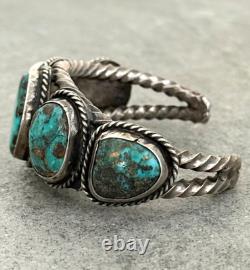 Vintage Native American Navajo Turquoise TWISTED ROPE Sterling Bracelet 6.3 in