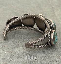 Vintage Native American Navajo Turquoise TWISTED ROPE Sterling Bracelet 6.3 in