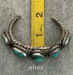 Vintage Native American Navajo Turquoise TWISTED ROPE Sterling Bracelet 6.3 in