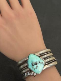 Vintage Native American Navajo Turquoise WIDE Sterling Bracelet 66+g 6.5 in