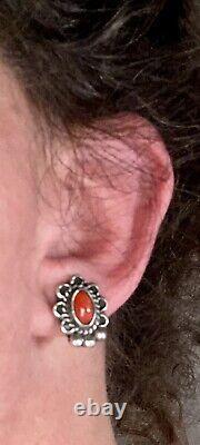 Vintage Native American Navajo sterling silver & fine Coral screw back earrings
