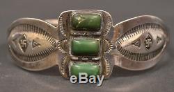 Vintage Native American Old Pawn Sterling Silver 3 Turquoise Cuff Bracelet