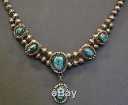 Vintage Native American Old Pawn Sterling Silver 6 Turquoise Stones Necklace