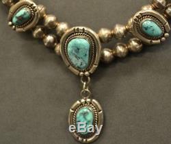 Vintage Native American Old Pawn Sterling Silver 6 Turquoise Stones Necklace