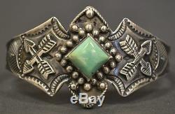 Vintage Native American Old Pawn Sterling Silver Square Turquoise Cuff Bracelet