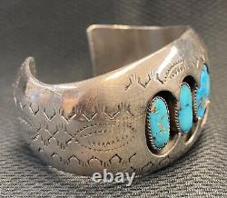 Vintage Native American P. BENALLY Turquoise Shadow Box SS Cuff Bracelet