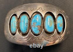 Vintage Native American P. BENALLY Turquoise Shadow Box SS Cuff Bracelet