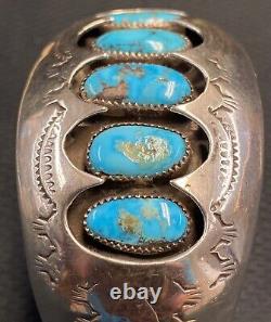 Vintage Native American P. BENALLY Turquoise Shadow Box SS Cuff Bracelet