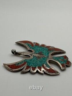Vintage Native American Peyote Bird Sterling Silver Turquoise Coral Pendant