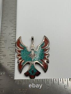 Vintage Native American Peyote Bird Sterling Silver Turquoise Coral Pendant