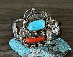 Vintage Native American Raymond Platero Navajo Turquoise, Coral silver Bracelet
