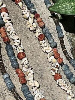 Vintage Native American Red Blue Coral Seashell 3 Strand Bead Necklace Jewelry