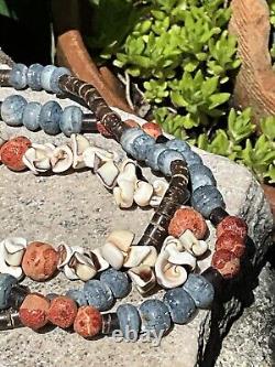 Vintage Native American Red Blue Coral Seashell 3 Strand Bead Necklace Jewelry