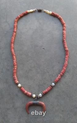 Vintage Native American Red Coral Necklace 18 Inches Horned Coral Pendant