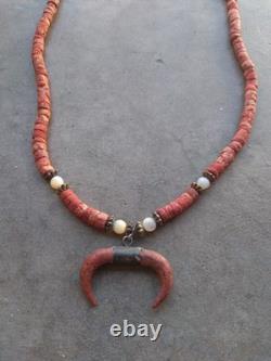 Vintage Native American Red Coral Necklace 18 Inches Horned Coral Pendant