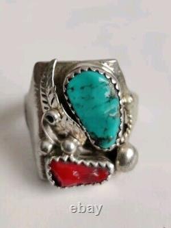 Vintage Native American Ring Silver Turquoise & Coral Unmarked Sz 10.5 12g