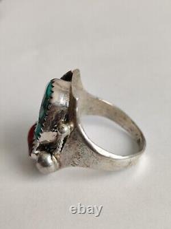 Vintage Native American Ring Silver Turquoise & Coral Unmarked Sz 10.5 12g