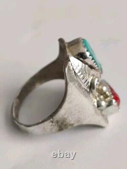 Vintage Native American Ring Silver Turquoise & Coral Unmarked Sz 10.5 12g