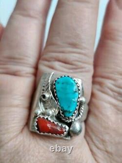 Vintage Native American Ring Silver Turquoise & Coral Unmarked Sz 10.5 12g