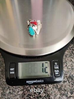 Vintage Native American Ring Silver Turquoise & Coral Unmarked Sz 10.5 12g