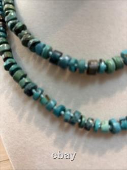 Vintage Native American Rough Cut Turquoise Heishi Sterling Silver Necklace, 31