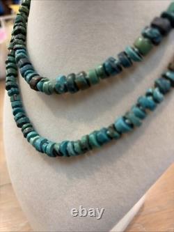 Vintage Native American Rough Cut Turquoise Heishi Sterling Silver Necklace, 31