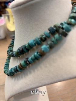 Vintage Native American Rough Cut Turquoise Heishi Sterling Silver Necklace, 31