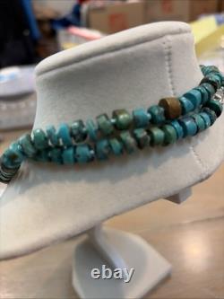 Vintage Native American Rough Cut Turquoise Heishi Sterling Silver Necklace, 31