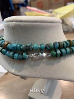 Vintage Native American Rough Cut Turquoise Heishi Sterling Silver Necklace, 31