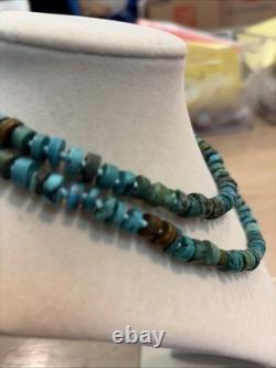 Vintage Native American Rough Cut Turquoise Heishi Sterling Silver Necklace, 31