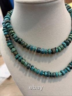 Vintage Native American Rough Cut Turquoise Heishi Sterling Silver Necklace, 31