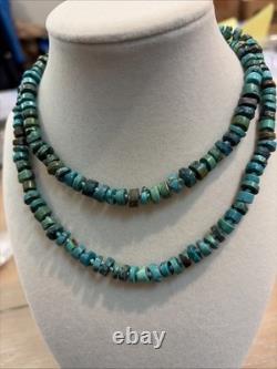 Vintage Native American Rough Cut Turquoise Heishi Sterling Silver Necklace, 31