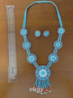 Vintage Native American Seed Bead Medallion Pendant Necklace Earrings Set