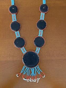 Vintage Native American Seed Bead Medallion Pendant Necklace Earrings Set