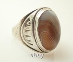 Vintage Native American Signed Agate Cabochon Sterling Silver Band Ring Sz 9