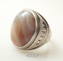 Vintage Native American Signed Agate Cabochon Sterling Silver Band Ring Sz 9