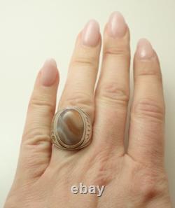 Vintage Native American Signed Agate Cabochon Sterling Silver Band Ring Sz 9