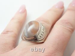 Vintage Native American Signed Agate Cabochon Sterling Silver Band Ring Sz 9
