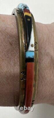 Vintage Native American Signed NEZ Sterling Silver Inaid Stone Cuff Bracelet