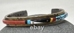 Vintage Native American Signed NEZ Sterling Silver Inaid Stone Cuff Bracelet