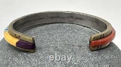 Vintage Native American Signed NEZ Sterling Silver Inaid Stone Cuff Bracelet
