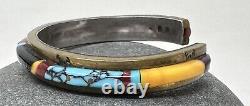 Vintage Native American Signed NEZ Sterling Silver Inaid Stone Cuff Bracelet