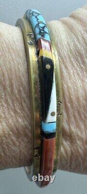 Vintage Native American Signed NEZ Sterling Silver Inaid Stone Cuff Bracelet
